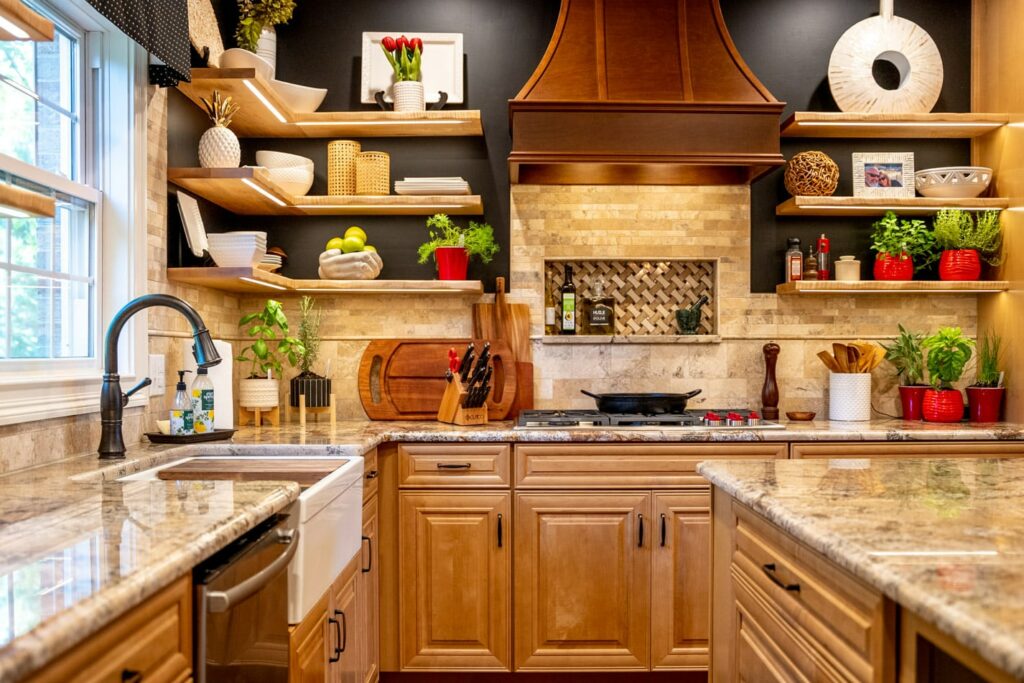 neutral, wood, and black kitchen featuring Hoodsly raw floating shelves with added lighting and an American Walnut Hoodsly curved hood with strapping and classic trim